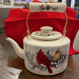 Vintage Lenox winter greetings, enamelware tea pot with a cardinal and chickadee